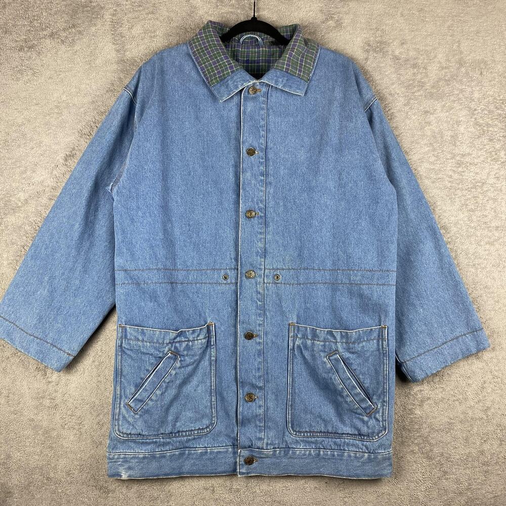 Denim Chore Jacket Mens Large Blue Plaid Shacket Workwear Barn Coat Ranch